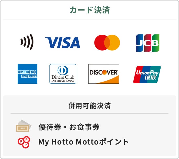 カード決済、VISA、マスターカード、JCB、アメリカンエクスプレス、ダイナースクラブカード、DISCOVER、ユニオンペイ 併用可能決済 現金 優待券・お食事券 My Hotto Mottoポイント