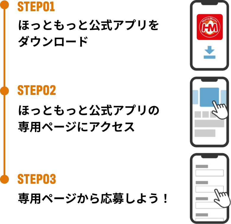 STEP01 ほっともっと公式アプリをダウンロード、STEP02 ほっともっと公式アプリの専用ページにアクセス 専用ページから応募しよう！、STEP03 専用ページから応募しよう！