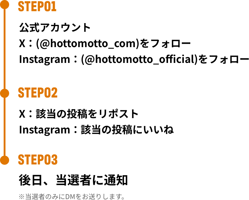 STEP01 公式アカウントX：(@hottomotto_com)をフォロー　Instagram：(@hottomotto_official)をフォロー、STEP02 X：該当の投稿をリポスト Instagram：該当の投稿にいいね、STEP03 後日、当選者に通知 ※当選者のみにDMをお送りします。